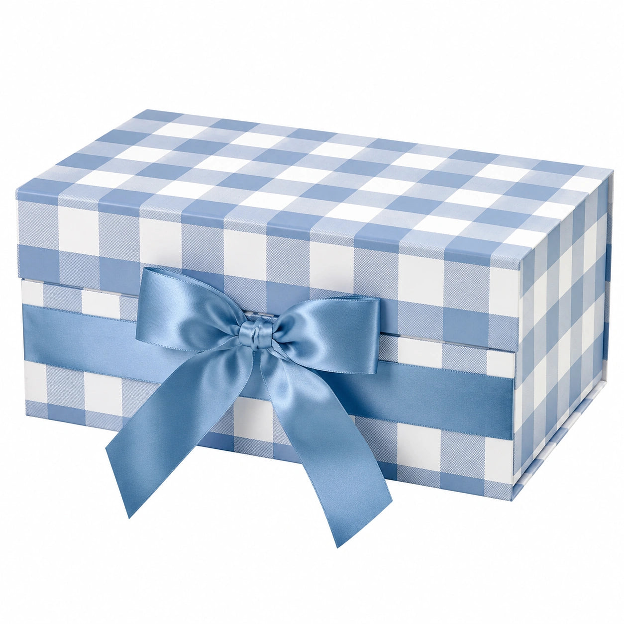 Geschenkbox 30 x 20 x 12 cm aus Karton Blau Weiß kariert mit Schleife