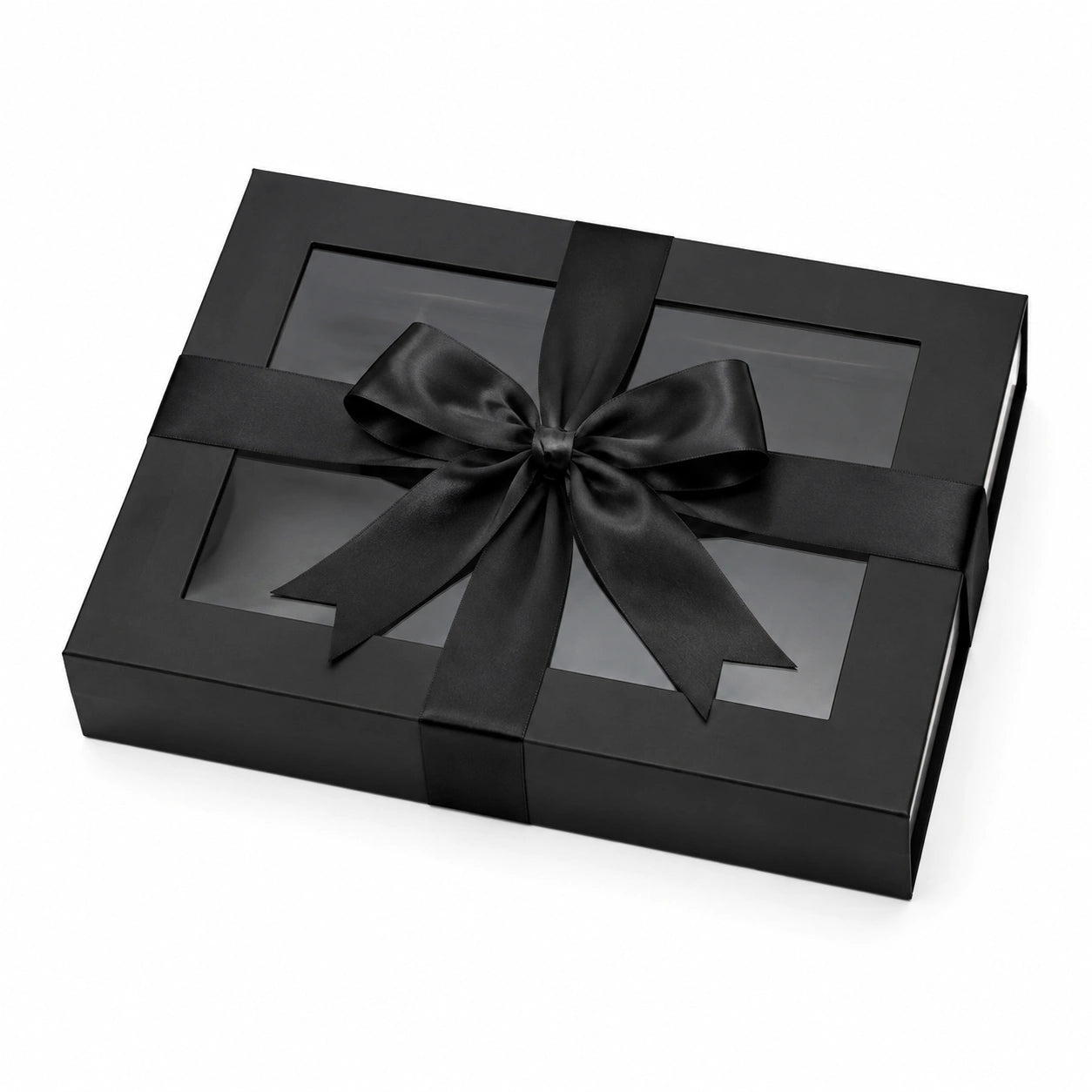 Geschenkbox 30 x 20 x 7 cm aus Karton schwarz mit Sichtfenster und Schleife