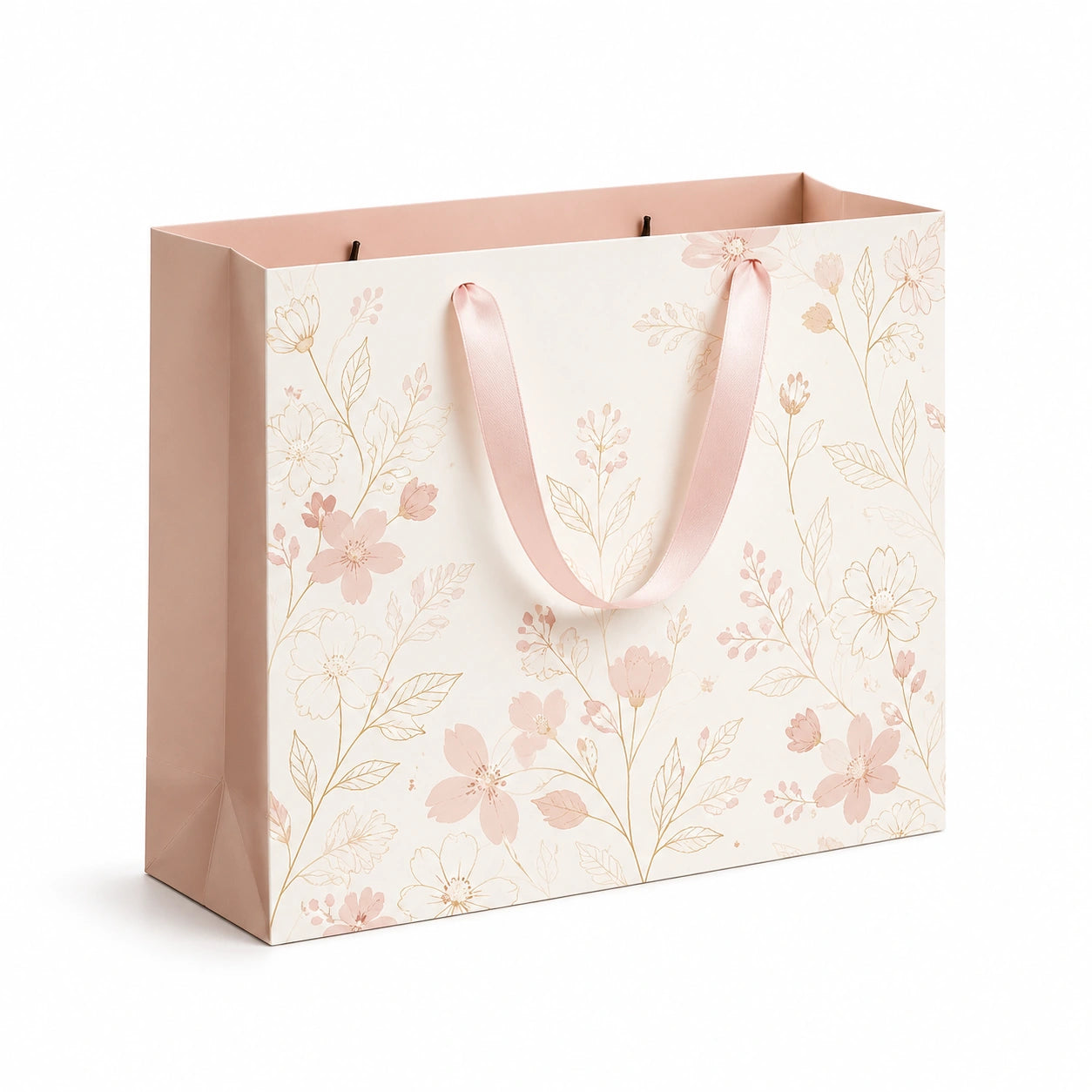 Geschenktüte 32 x 12 x 26 cm Papier Rosa Weiß mit Blumenmuster und Satinband