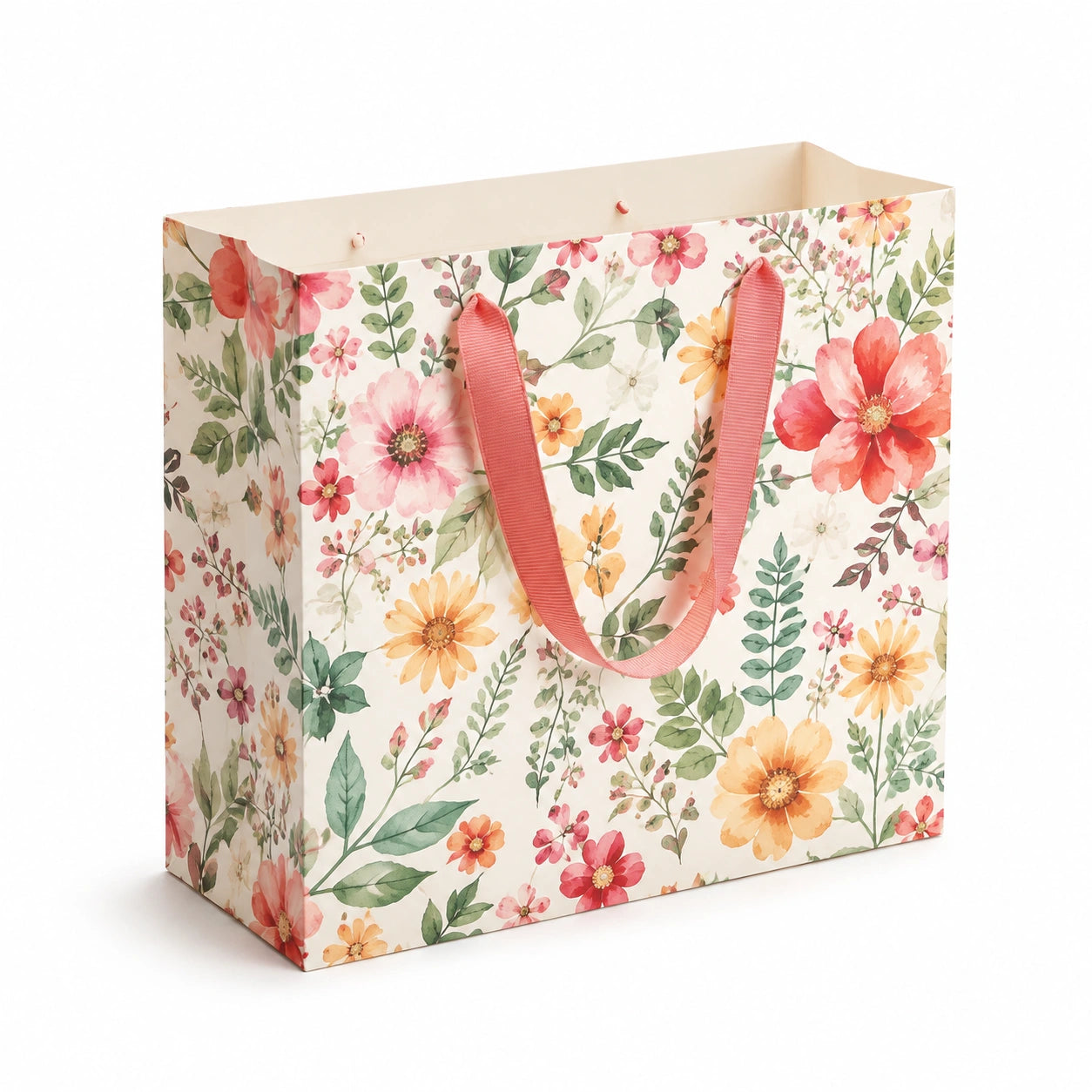 Geschenktüte 26 x 12 x 32 cm aus Papier cremefarben mit Blumenmuster und Textilhenkeln