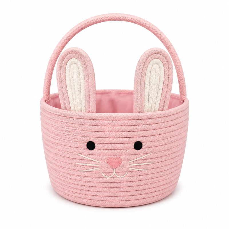 Aufbewahrungskorb 38 cm Rosa Textil geflochten mit Hasenmotiv und Tragegriffen