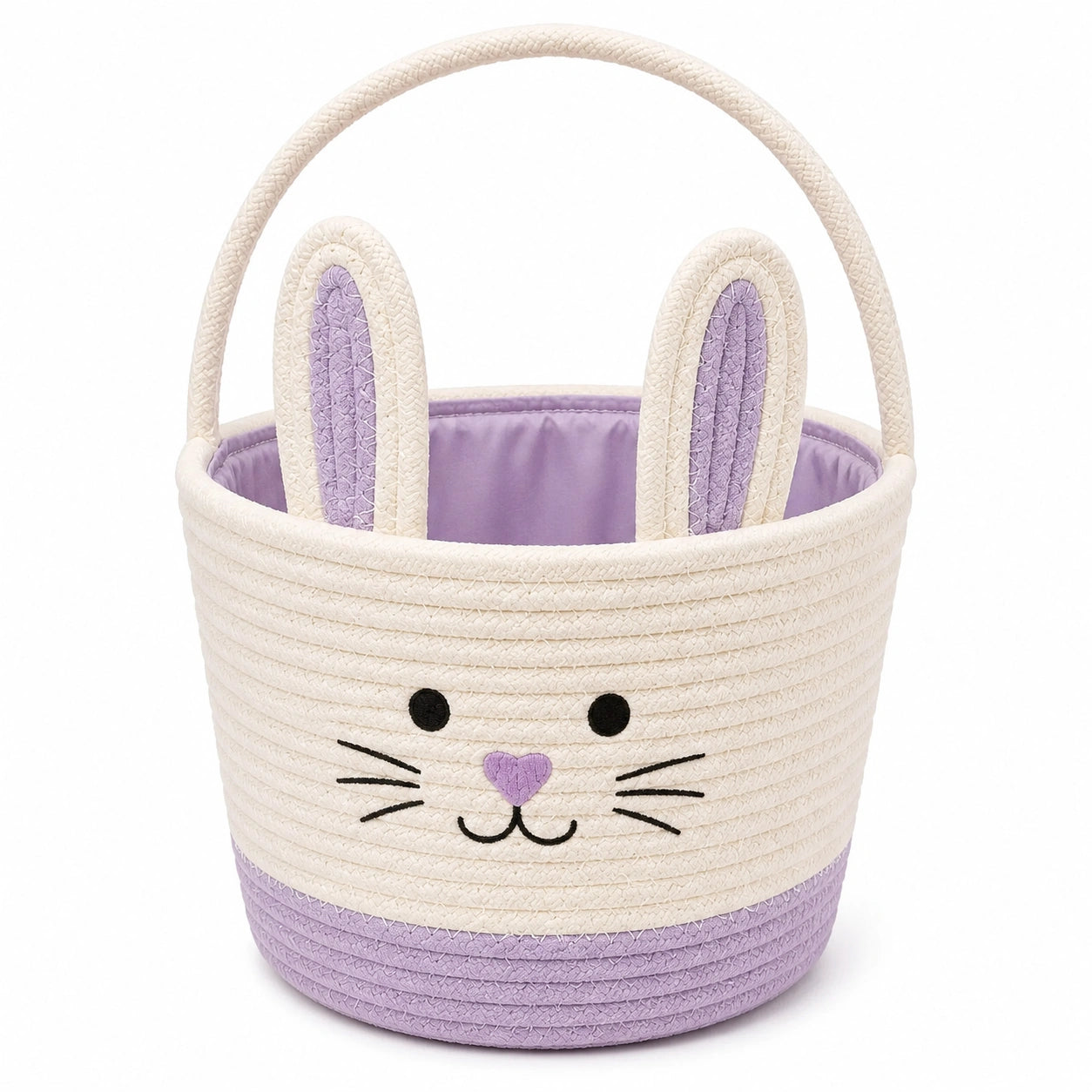 Aufbewahrungskorb 30 cm Baumwollseil Creme Lila mit Hasenmotiv und Henkel