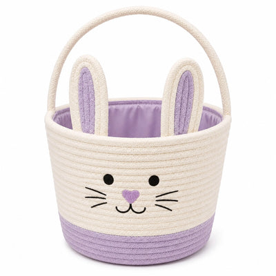 Aufbewahrungskorb 30 cm Baumwollseil Creme Lila mit Hasenmotiv und Henkel