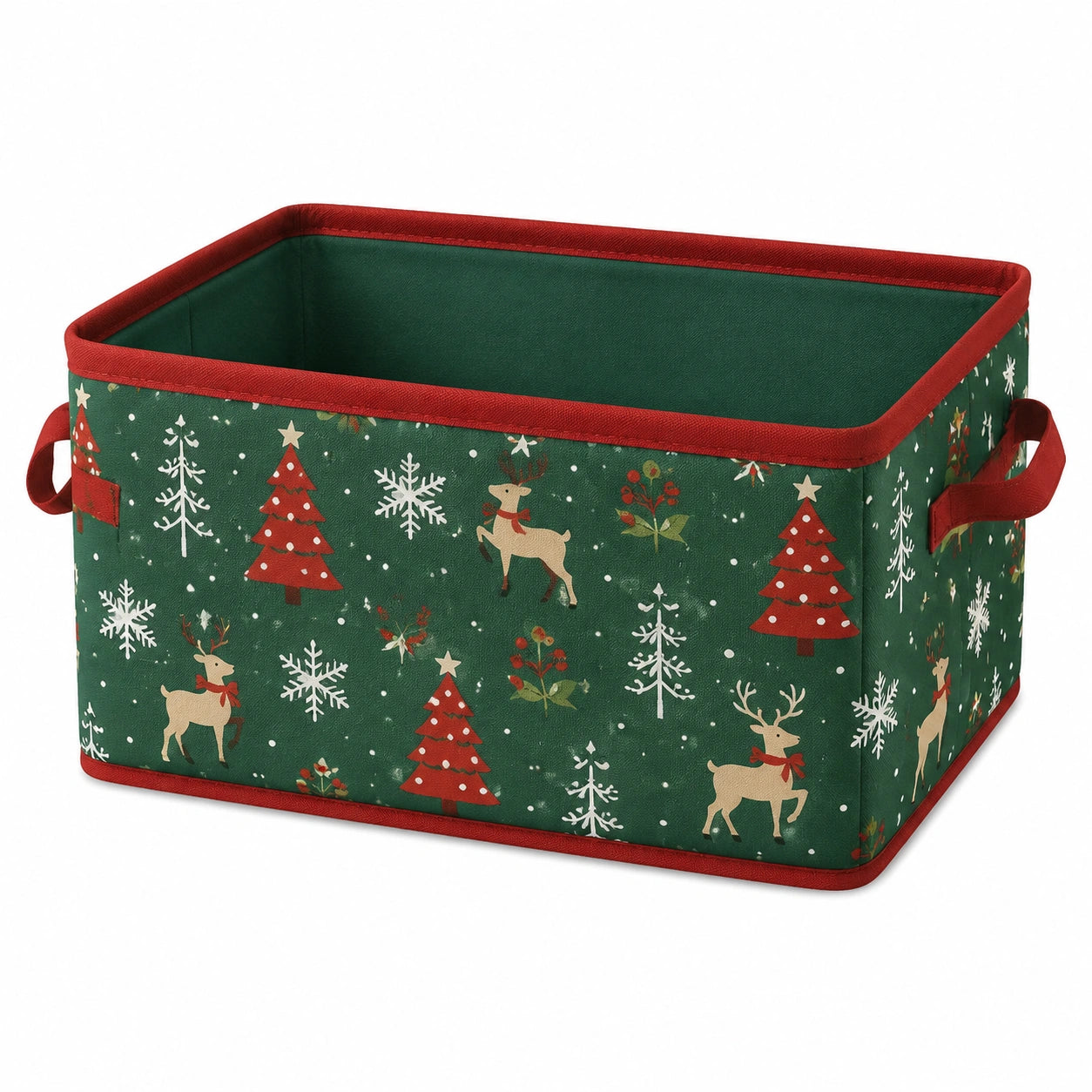 Aufbewahrungskorb 38 x 28 x 25 cm aus Textil Grün Rot mit Weihnachtsmotiv und Tragegriffen