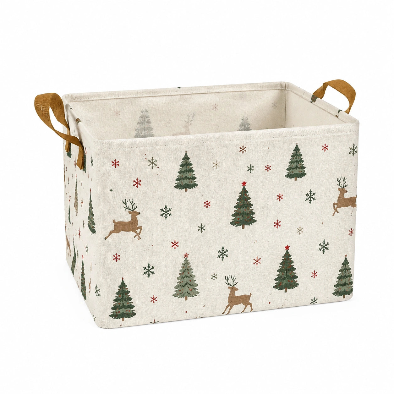 Aufbewahrungskorb 40 x 30 x 25 cm aus Stoff in Creme mit Weihnachtsmotiv und Tragegriffen