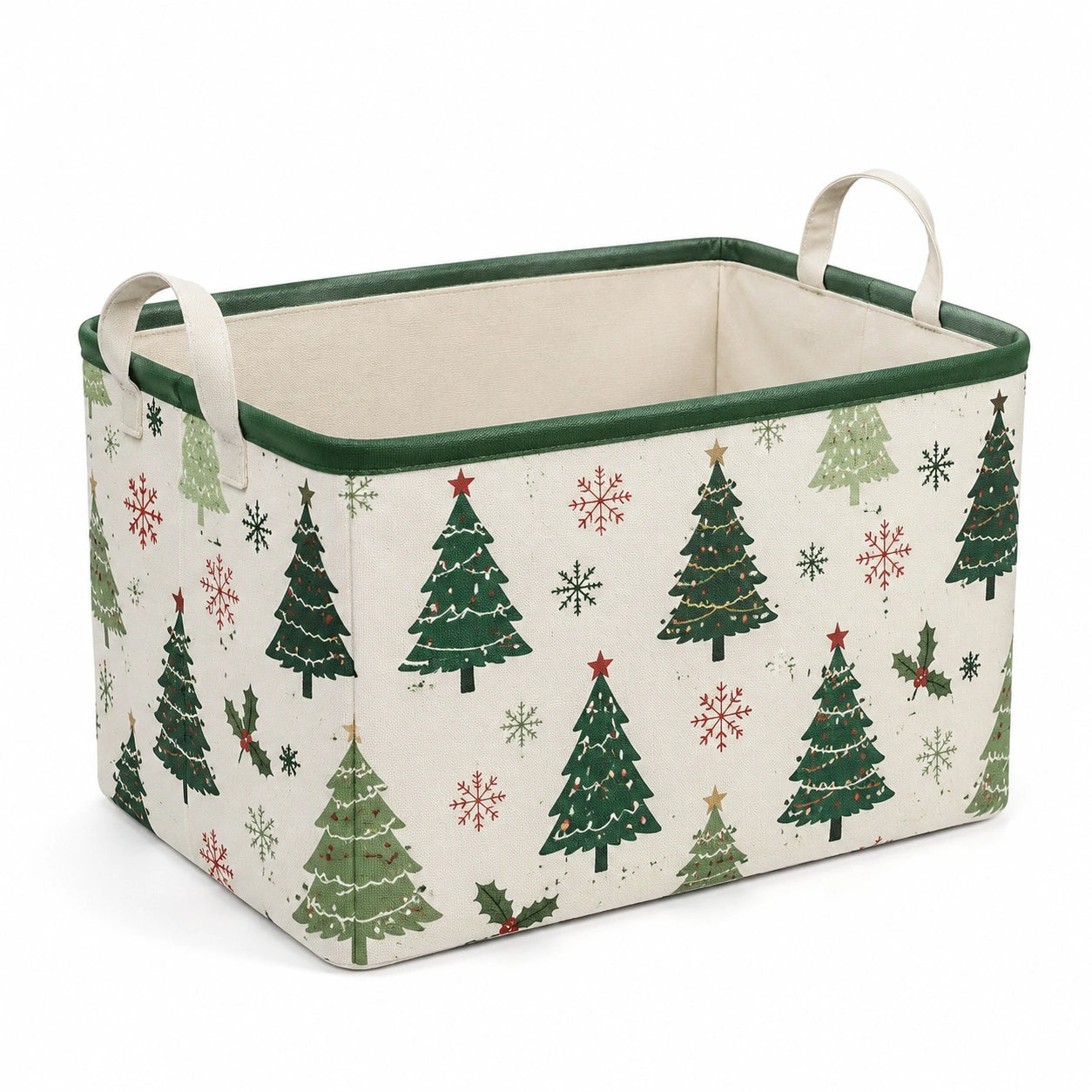 Aufbewahrungskorb 38 x 28 x 30 cm Textil Cremegrün mit Weihnachtsbaumdruck faltbar