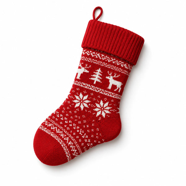 Weihnachtsstrumpf 45 cm Rot Weiß aus gestricktem Textil mit Aufhängeschlaufe Wintermuster