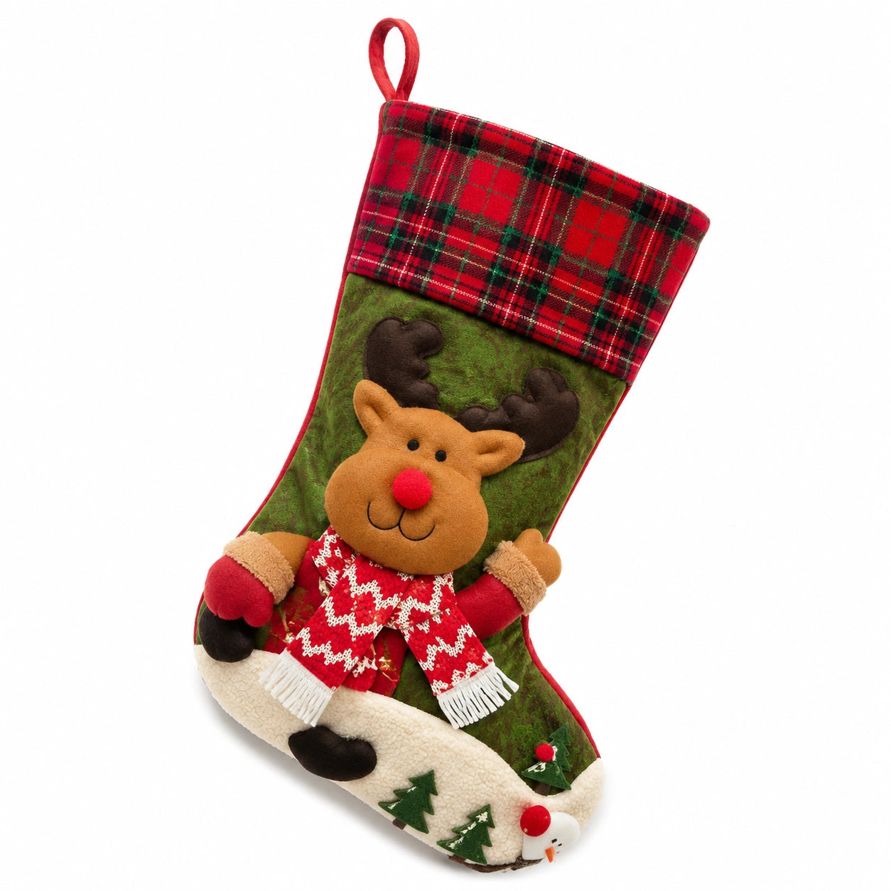 Weihnachtsstrumpf 45 cm aus Textil Rot Grün mit Rentiermotiv zum Aufhängen