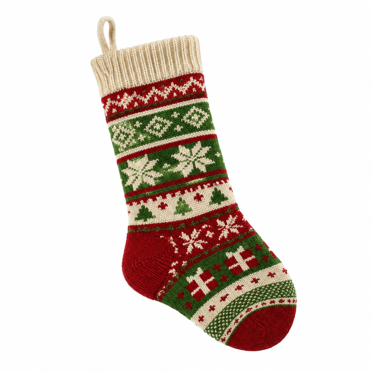 Weihnachtsstrumpf 45 cm aus Textil in Rot Grün Creme - gestrickt mit Aufhängeschlaufe