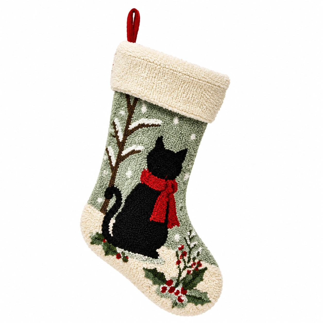 Weihnachtsstrumpf 45 cm aus Textil in Grün Creme mit Katzenmotiv und Aufhängeschlaufe