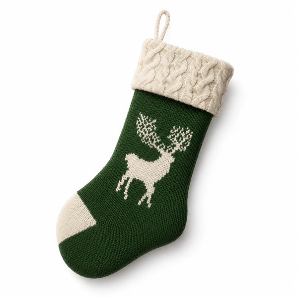 Weihnachtsstrumpf 45 cm aus Stricktextil Grün Creme mit Rentiermotiv zum Aufhängen