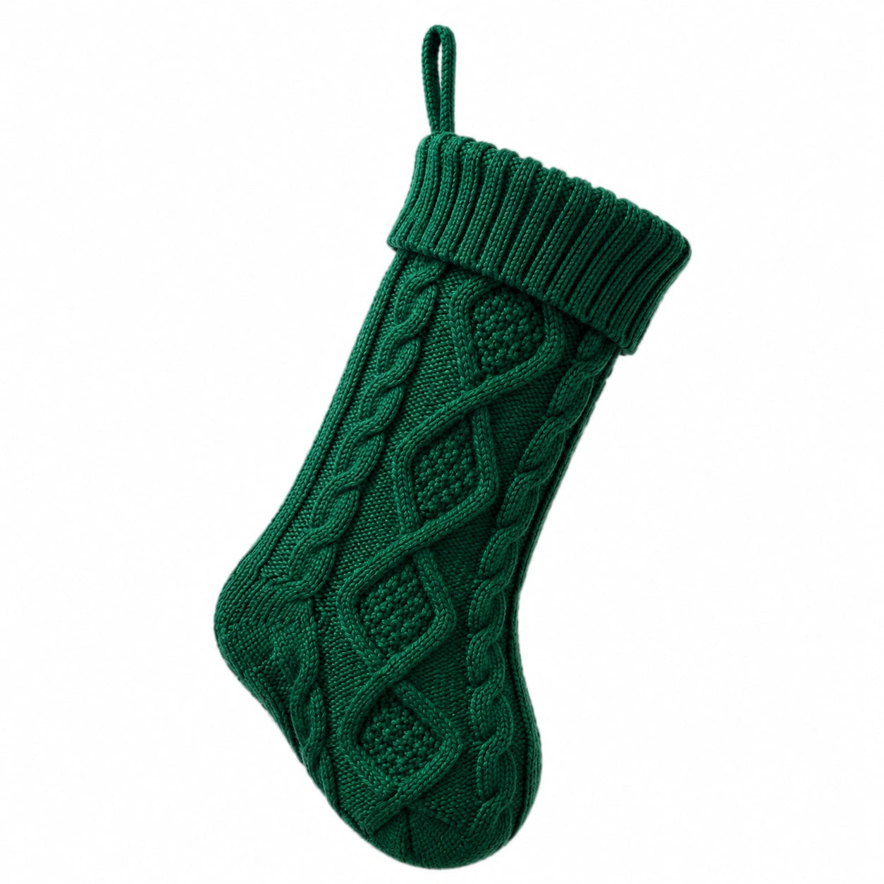 Weihnachtsstrumpf 45 cm aus Stricktextil in Dunkelgrün mit Zopfmuster und Aufhängeöse