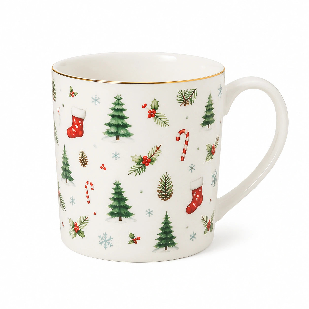 Tasse 350 ml aus Porzellan Weiß mit winterlichem Motiv und Henkel