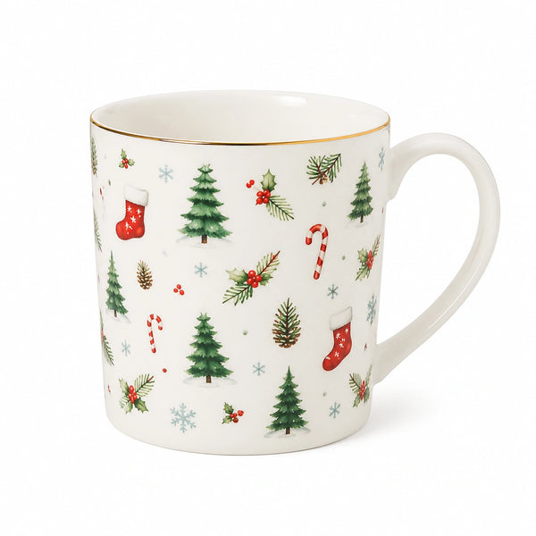 Tasse 350 ml aus Porzellan Weiß mit winterlichem Motiv und Henkel