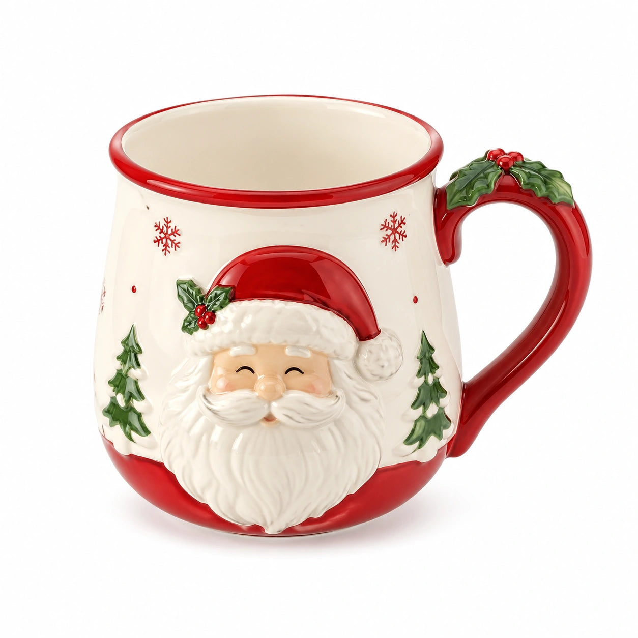 Keramiktasse 0.45 L Rot Creme mit Henkel und winterlichem Reliefmotiv