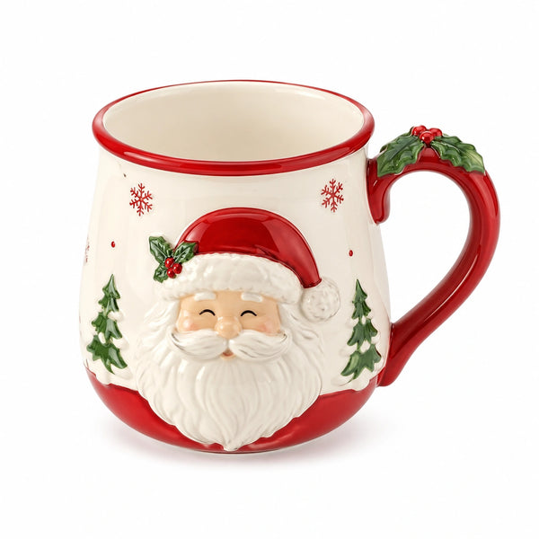 Keramiktasse 0.45 L Rot Creme mit Henkel und winterlichem Reliefmotiv