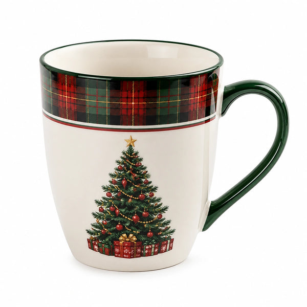Keramiktasse 0.40 L Weiß Grün mit Weihnachtsbaum Motiv und Henkel