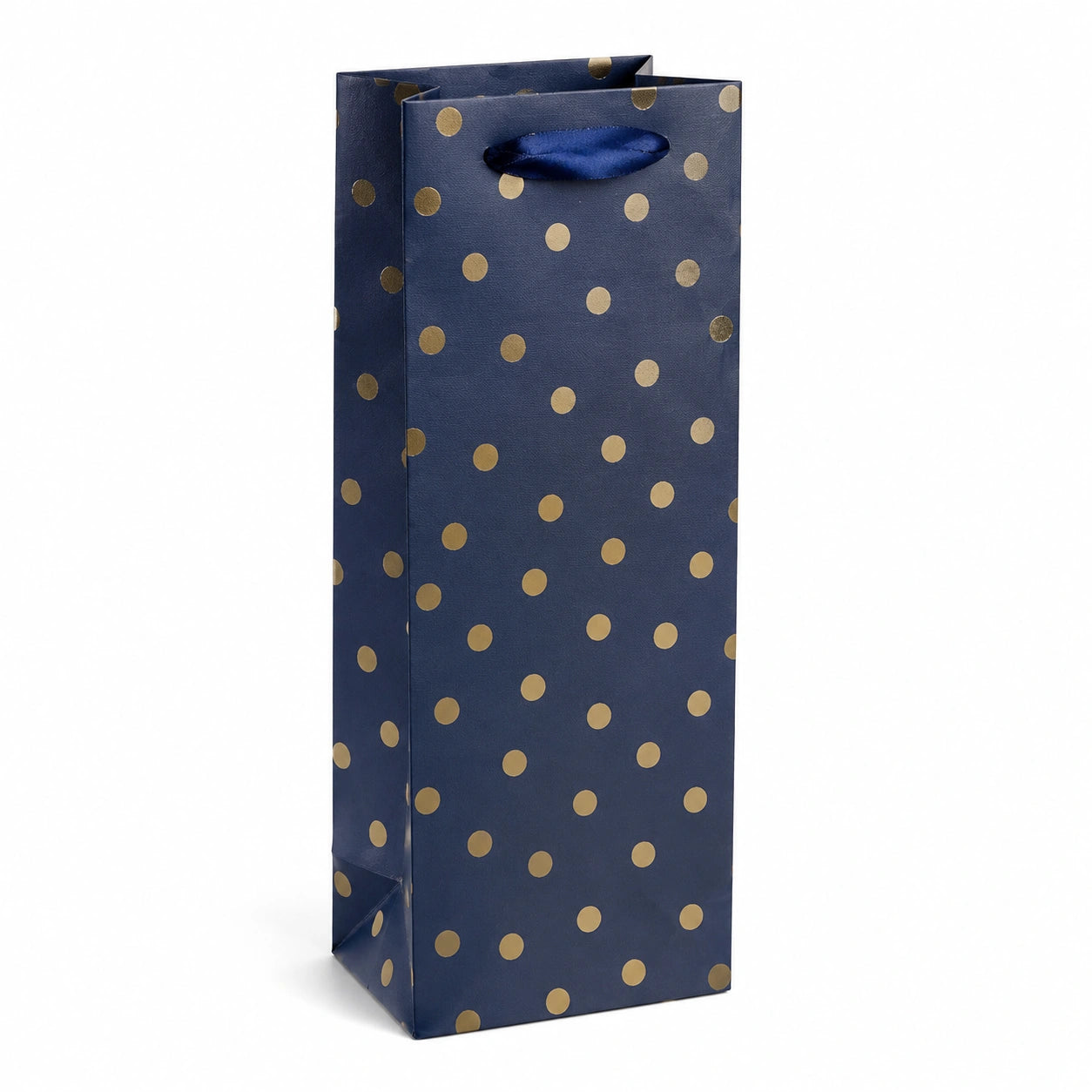 Geschenktüte 12 x 10 x 36 cm aus Papier Blau/Gold für Flaschen mit Schleifenhenkeln Punktemuster