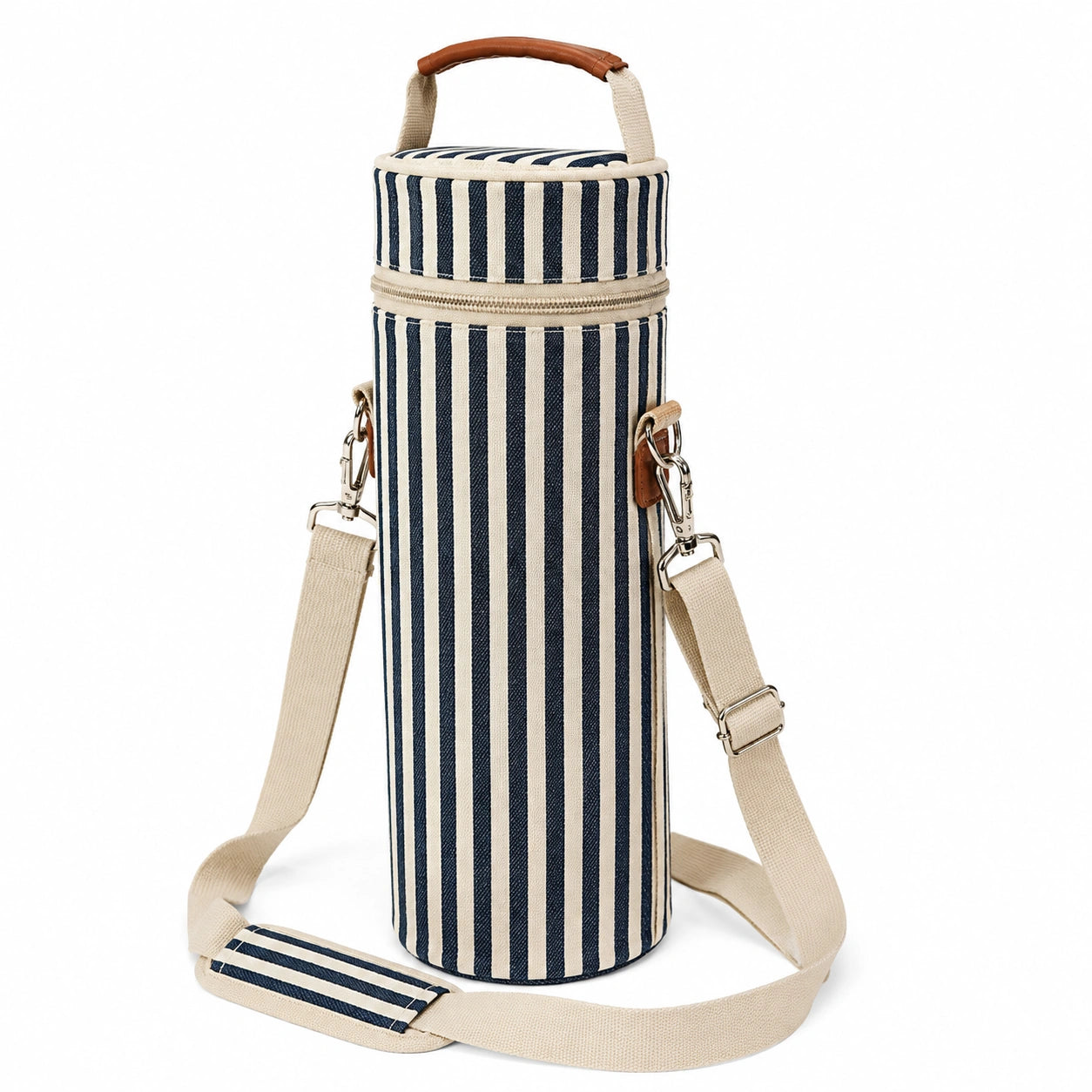 Flaschentasche 12 x 12 x 32 cm aus Textil in Beige Dunkelblau mit Streifenmuster und Schultergurt